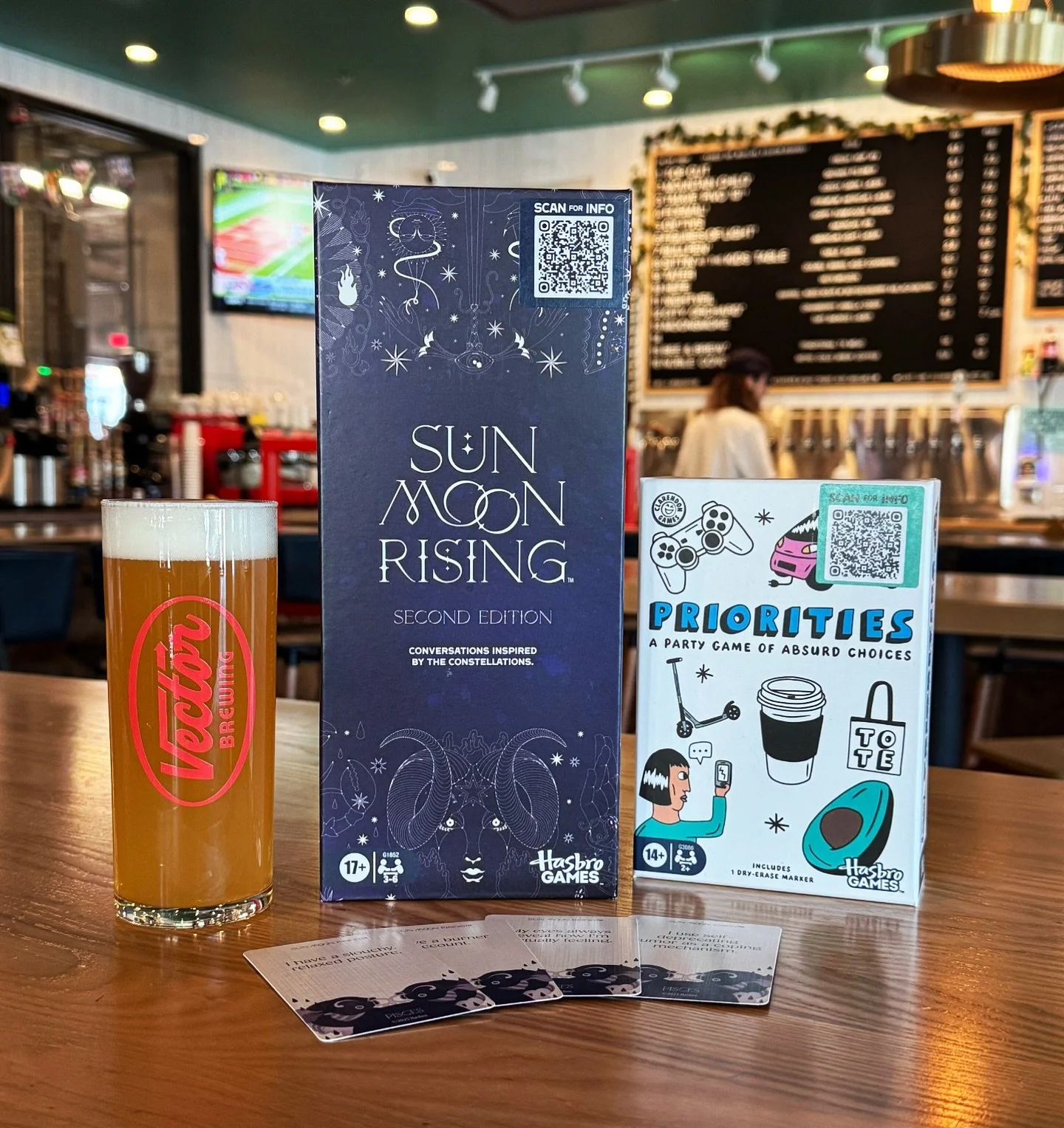 TWO✌️new games have arrived at the Vector taproom, courtesy @jointestflight and&nbsp;@hasbrogames!

✨PRIORITIES is a hilarious party game of extreme honesty and absurd choices.
✨SUN MOON RISING features conversations inspired by the constellations.

