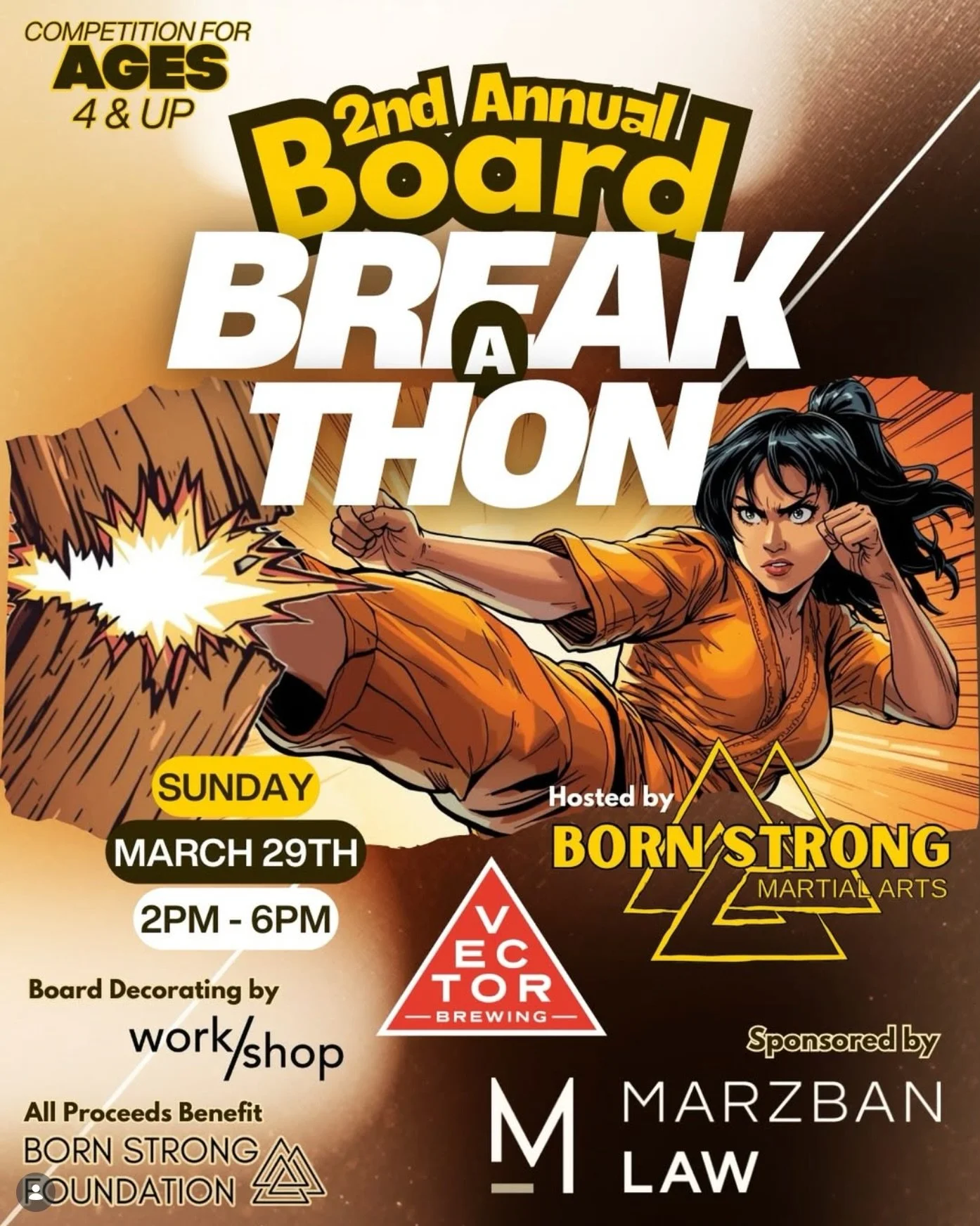 💥BAD DAY TO BE A BOARD.👊

Today we&rsquo;re hosting the💥2nd Annual Board Break-a-Thon💥 with @bornstrongmartialarts on our patio!

Fun starts at 2pm 🕑
Competition kicks off at 3pm 💪
FREE To attend and Family-Friendly!

Want to compete? There&rsq