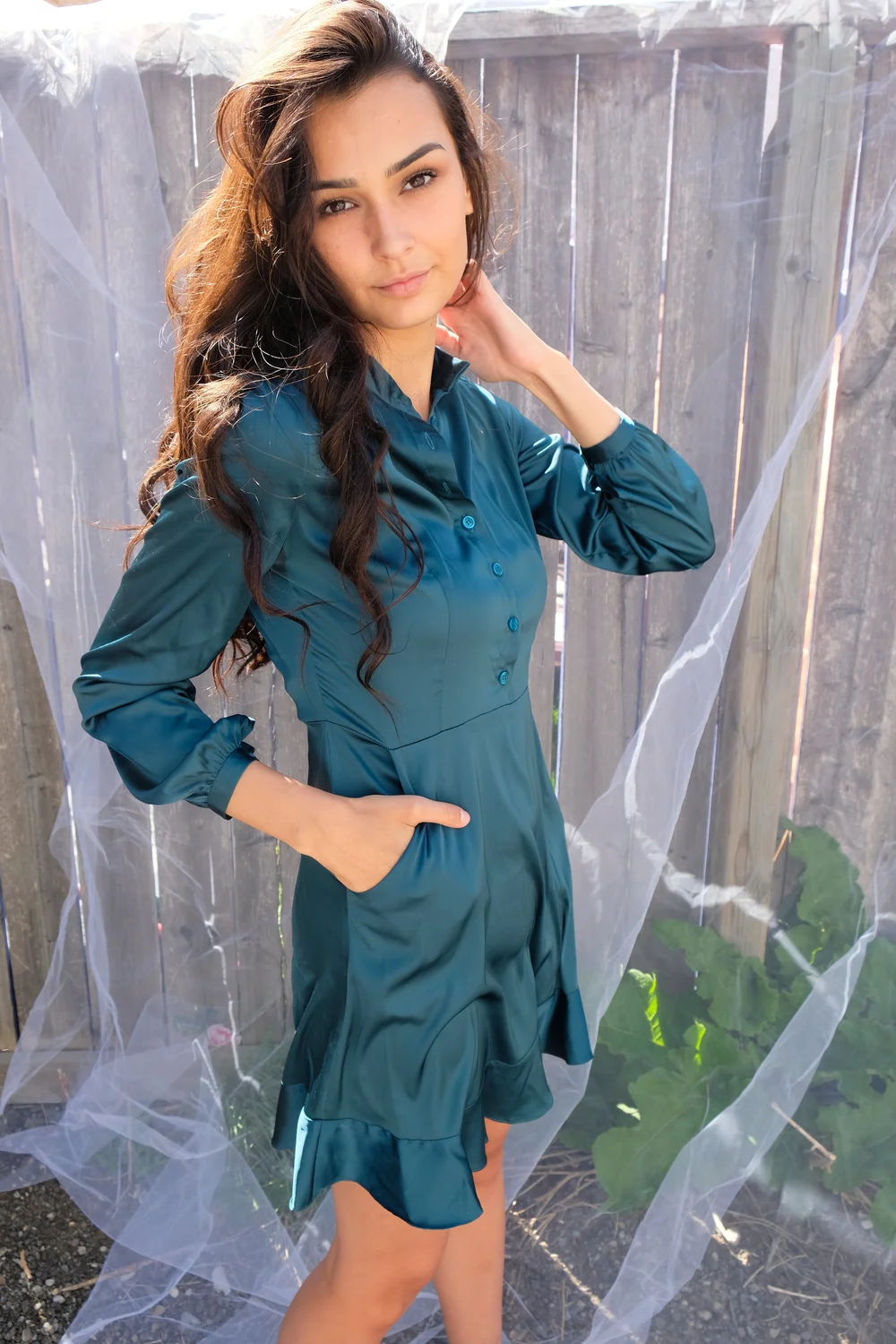 Dark Teal Silky Long Sleeve Mini Dress with Pockets Sustainable