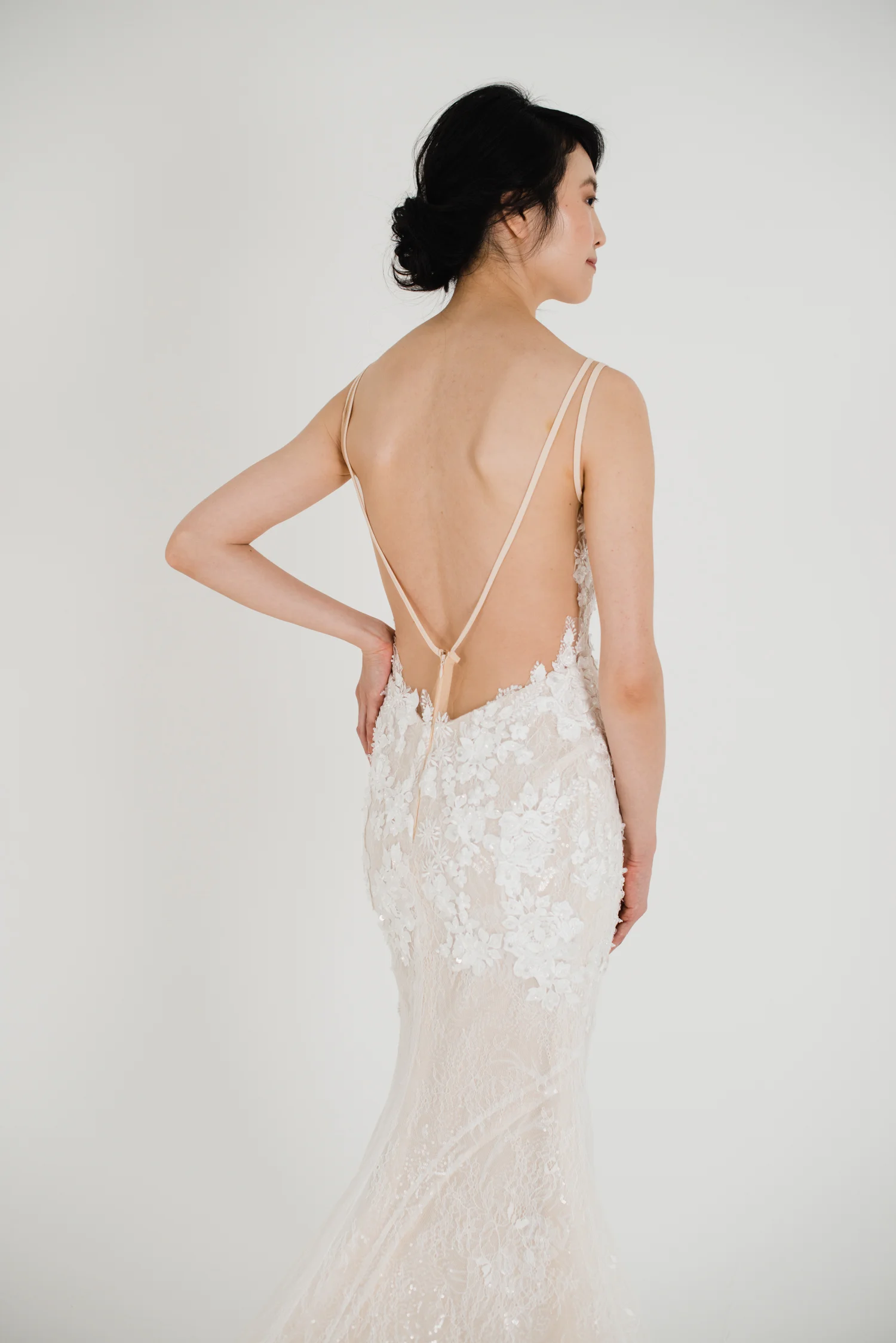 Thea Gown peach toned wedding gown with low back and mermaid fit