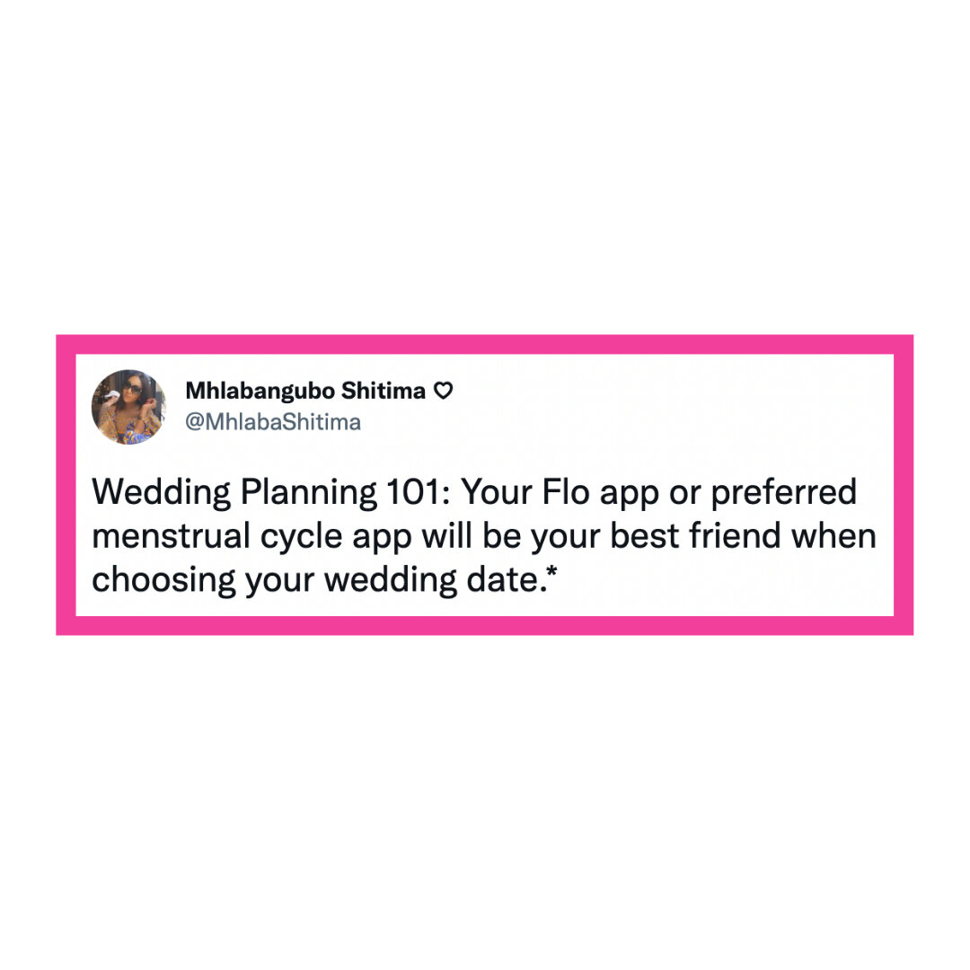 Okay, but this! 😂 Going through daily tasks on your period is hard enough, but a whole wedding? It&rsquo;s a big no for us. If you didn&rsquo;t already, consult those period trackers before locking down a wedding date!​​​​​​​​
.​​​​​​​​
. ​​​​​​​​
#