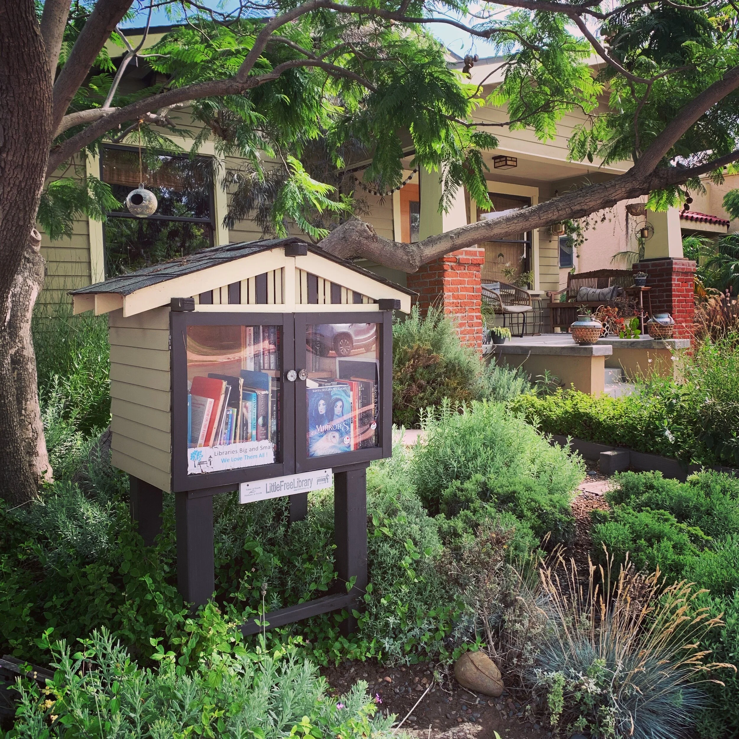 Mirrors in a free little library.