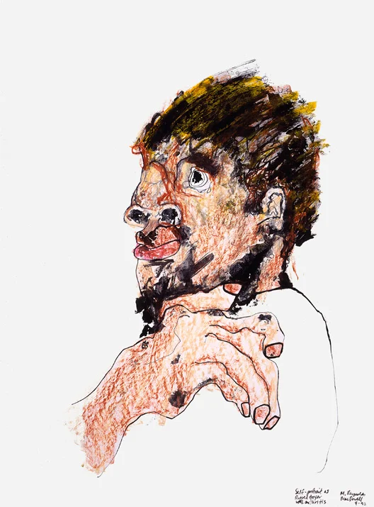 Self-Portrait as Retired Boxer with Arthritis mixed media on paper 30" x 24", 1992