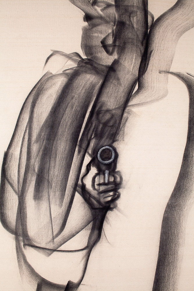    Man with a Gun    Detail  charcoal on raw canvas  44" x 28”, 1983   