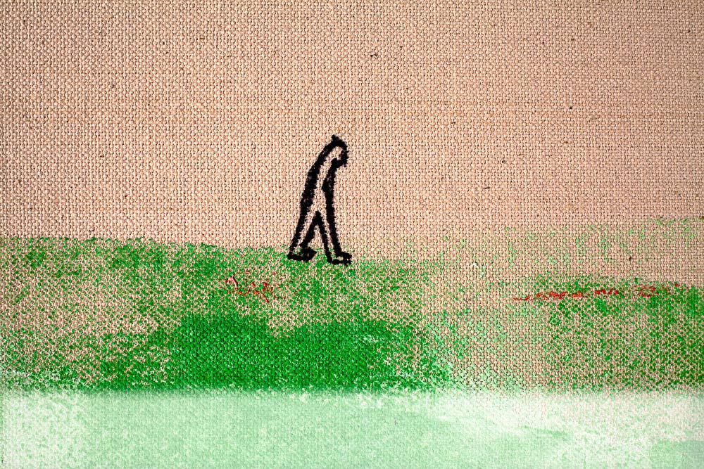    Man Walking    Detail  mixed media on raw canvas  4.5" x 7", 1983   