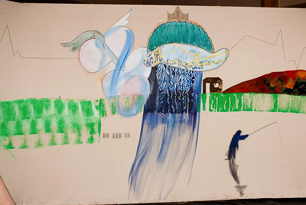 Overview: Man Walking through Autumn Mountain mixed media on raw canvas 96” x 142”, 1983