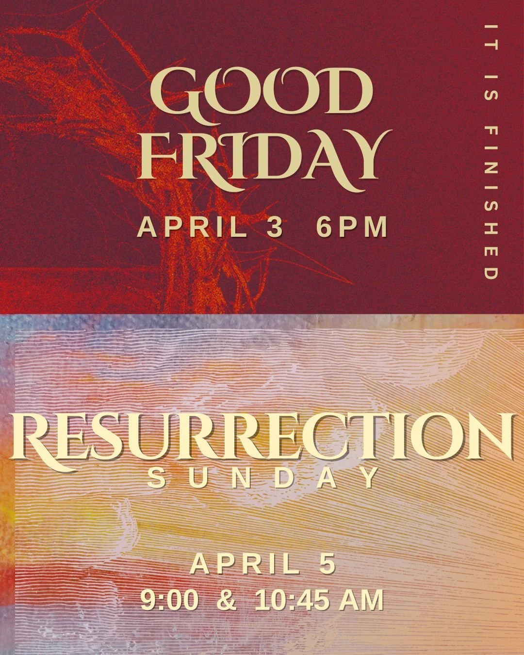 Join us this weekend as we celebrate Easter! The Good Friday service will be a time to reflect on Jesus' sacrifice for our salvation and Easter morning will be a jubilant celebration of His triumph over death.