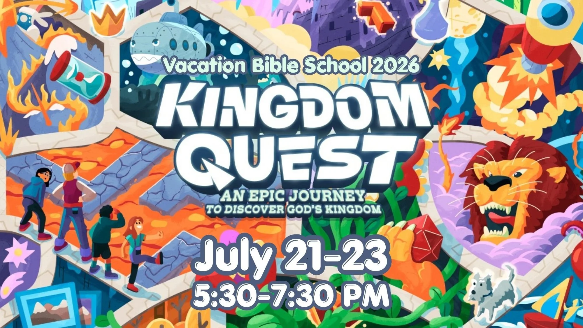 VBS is NEXT week! It's almost time for kids age 4 through completed grade 5 to go on an epic journey to discover God's Kingdom and we can't wait! Pre-registration is open through this coming Sunday (July 19) at the link below. After that, registratio