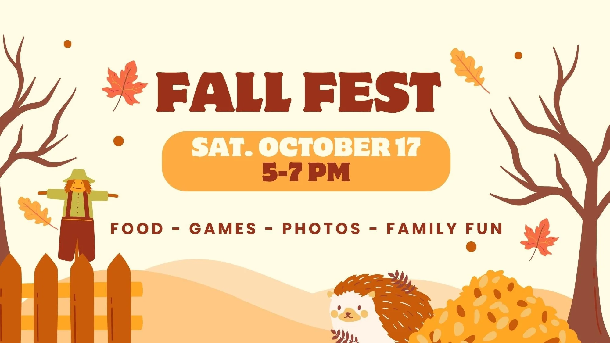 You're invited to Fall Fest! This FREE family event features games, delicious food, and lots of Fall family fun! Mark your calendar and make plans to join the fun on Saturday, October 17 from 5:00 to 7:00 PM at Next Chapter Church.
