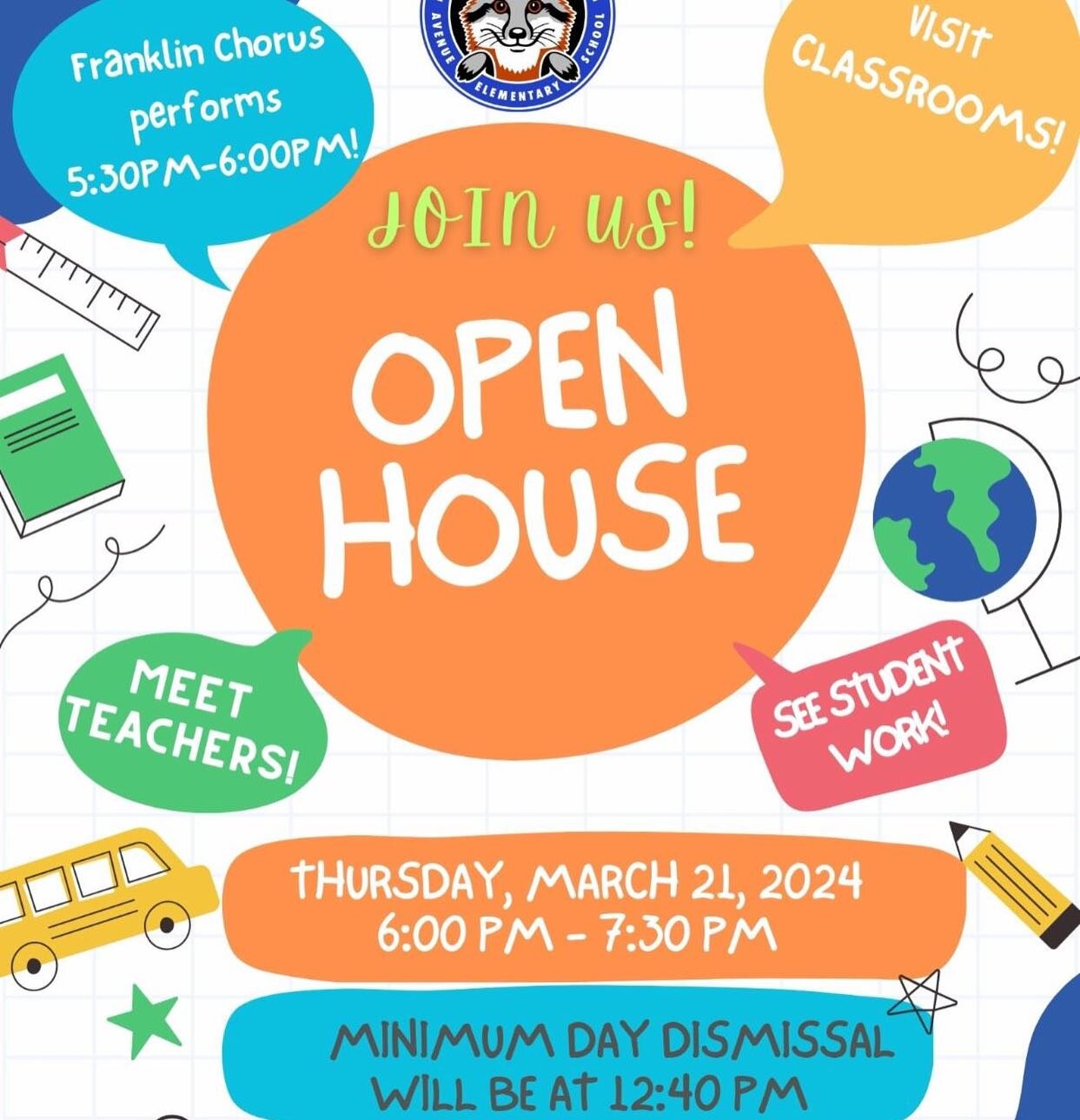 THIS THURSDAY 6-7:30! See the FRANKLIN CHORUS from 5:30-6! Join us and visit classrooms, meet the teachers, and see your student&rsquo;s work! Reminder!! DISMISSAL that day is at 12:40!