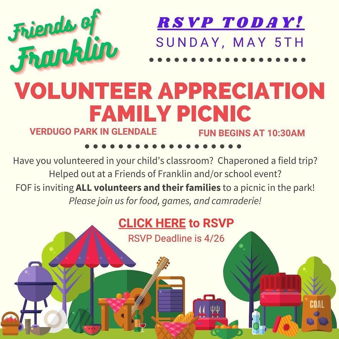 ATTENTION VOLUNTEERS!!! RSVP by this FRIDAY! Link in BIO! Join us for a picnic at Verdugo Park on Sunday, May 5th. Bring your family members and enjoy the festivities happening between 10:30am and 1:00pm. 

There will be lawn games, including a volle