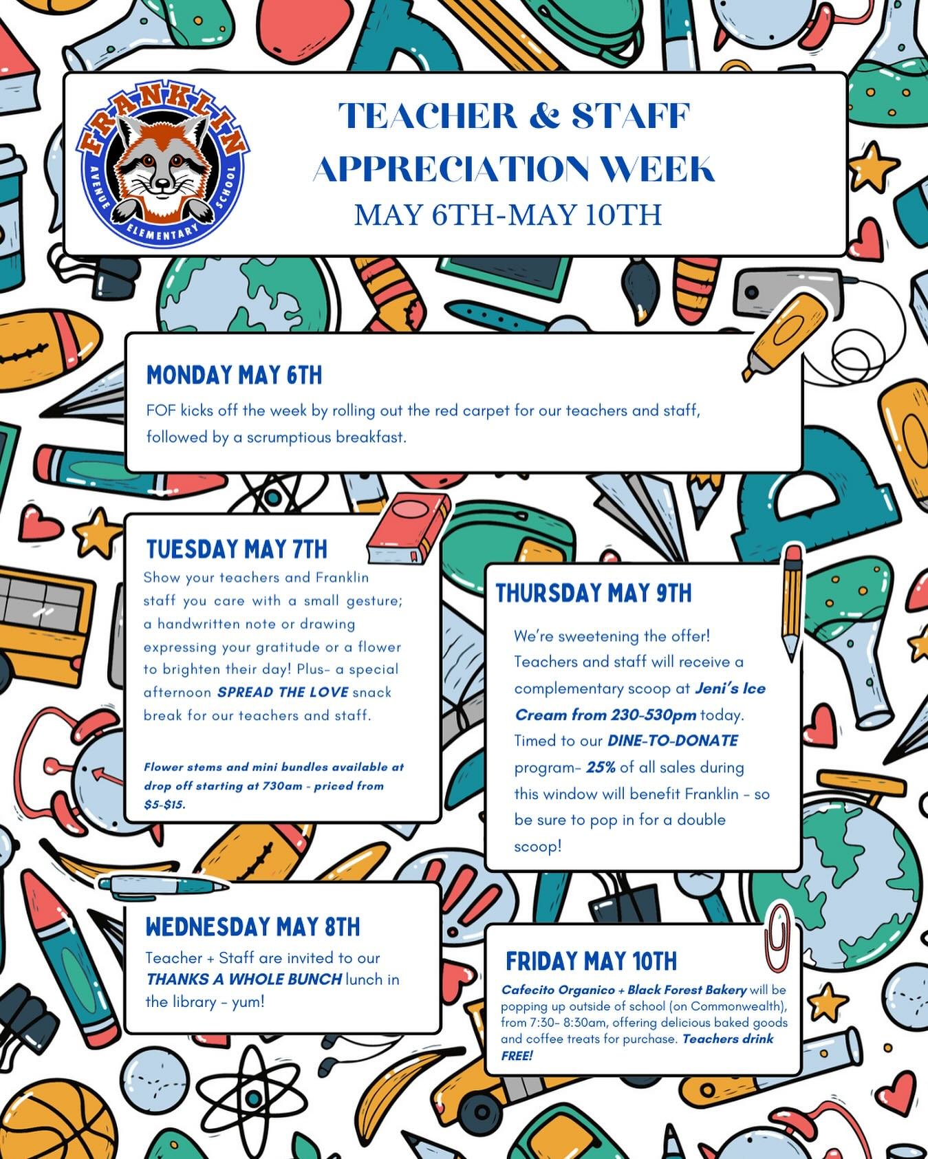 Teacher and Staff Appreciation Week kicks off next week and we can&rsquo;t wait to show our own allllll the love! While FOF will be providing brunches, lunches, and treats for Teachers and Staff during the week, we welcome families to please join in 