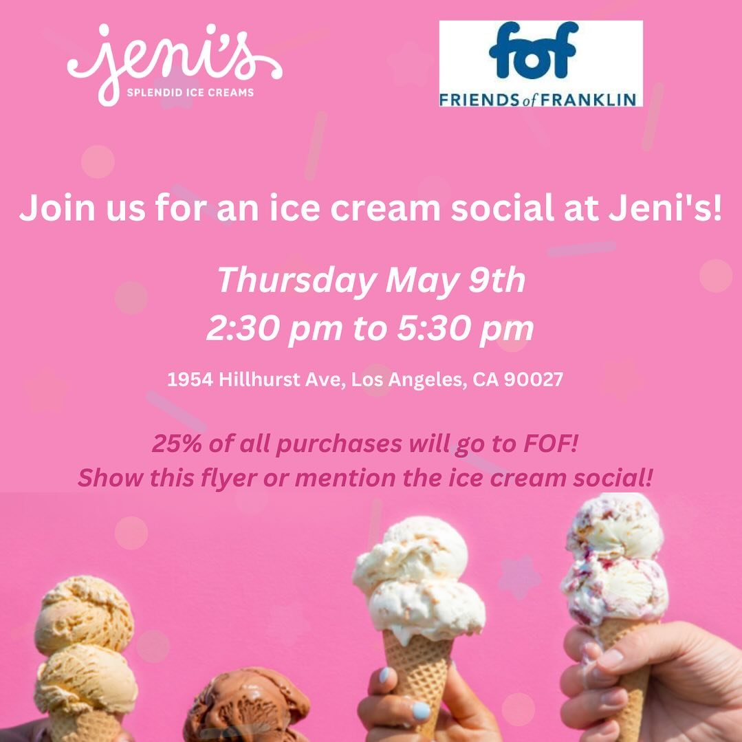 Please join us on May 9th, for an after-school Ice Cream Social at Jeni&rsquo;s! From 2:30 to 5:30pm, pop over and enjoy scoops of your favorite flavors and 25% of every purchase will go back to Friends of Franklin! Make sure to mention the ice cream