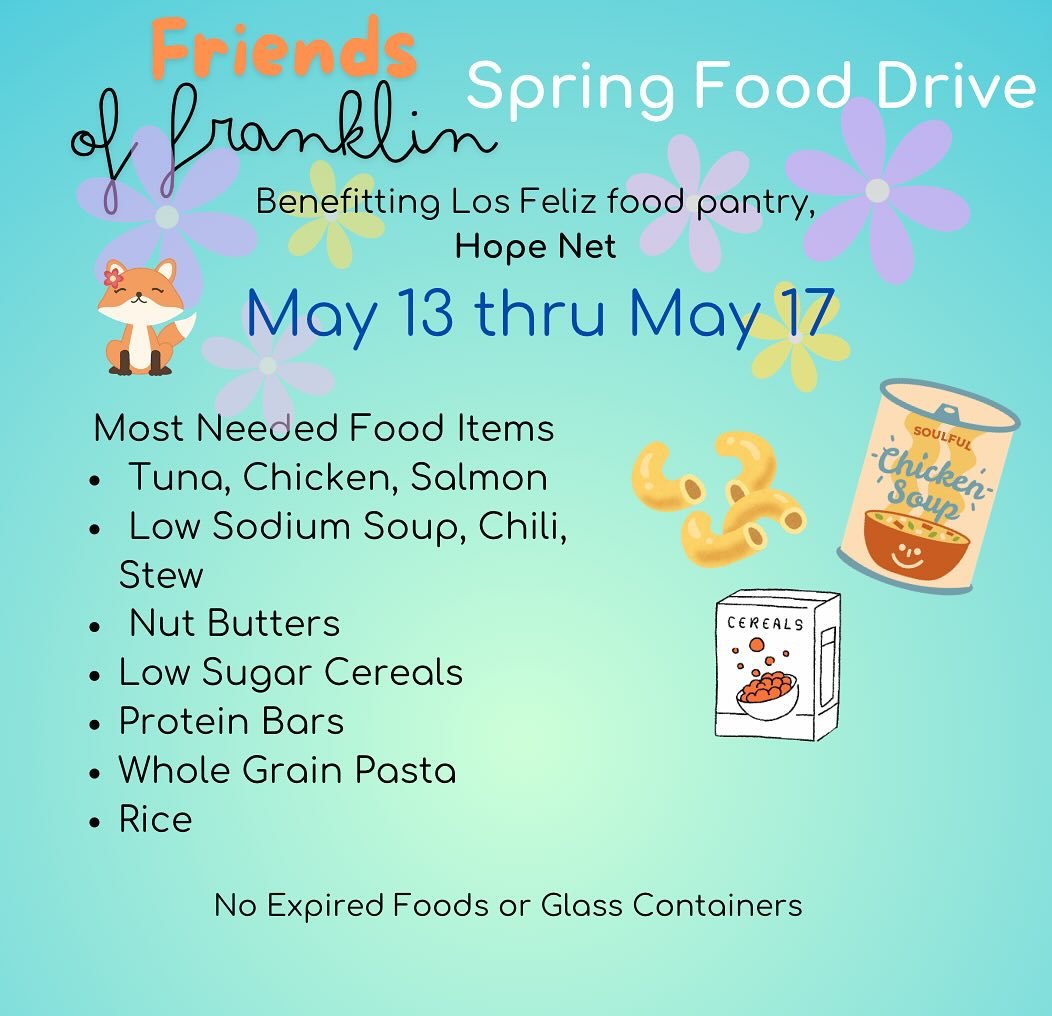 We are so excited to announce that our 2nd Food Drive of the year will be hosted from May 13 to May 17. This food drive will be benefiting our local Los Feliz pantry, Hope Net. Hope Net serves over 150 families in our neighborhood on a weekly basis. 