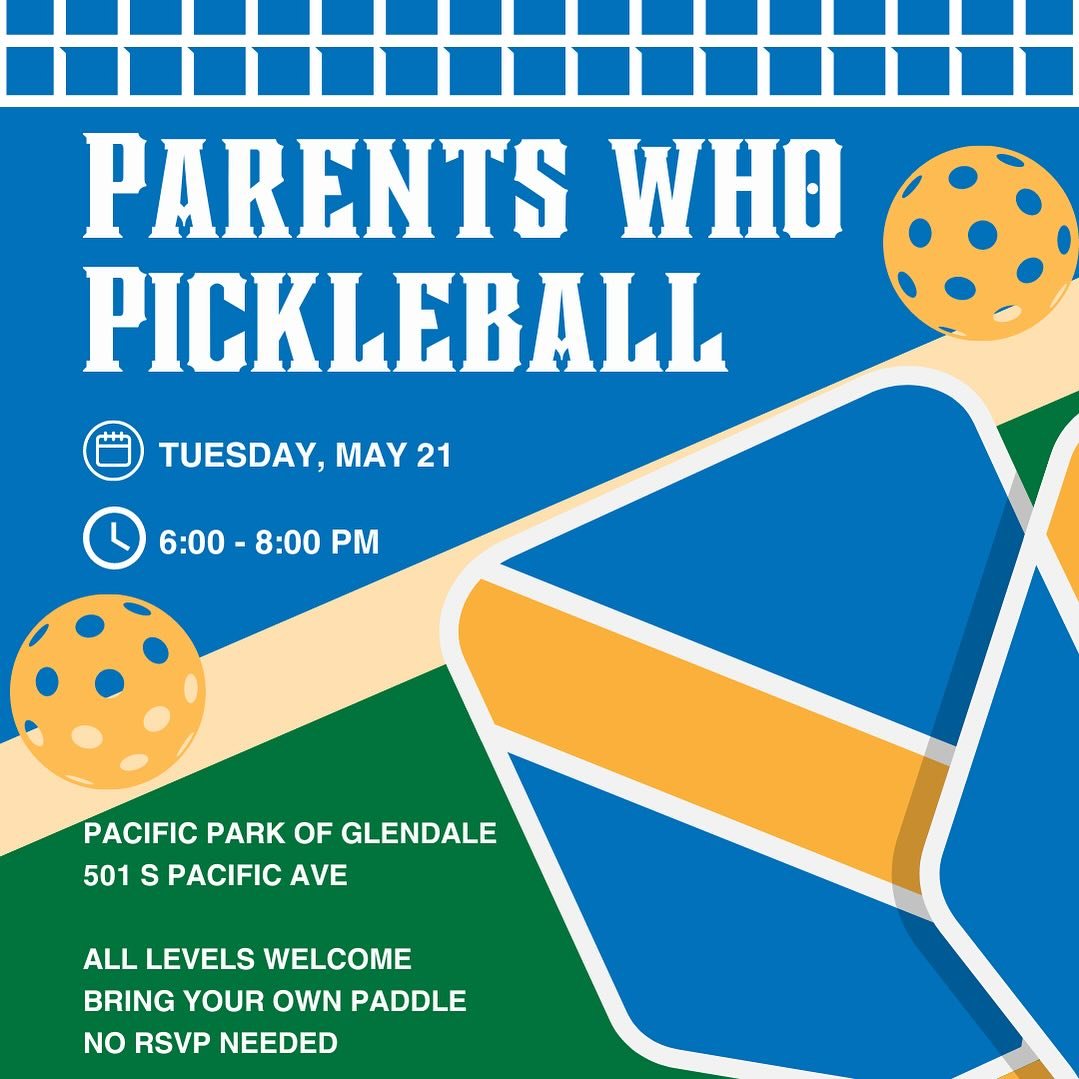 It&rsquo;s pickleball time! If you&rsquo;re a parent who pickleballs, or wants to pickleball, we&rsquo;ll see you at Pacific Park of Glendale on the 21st!