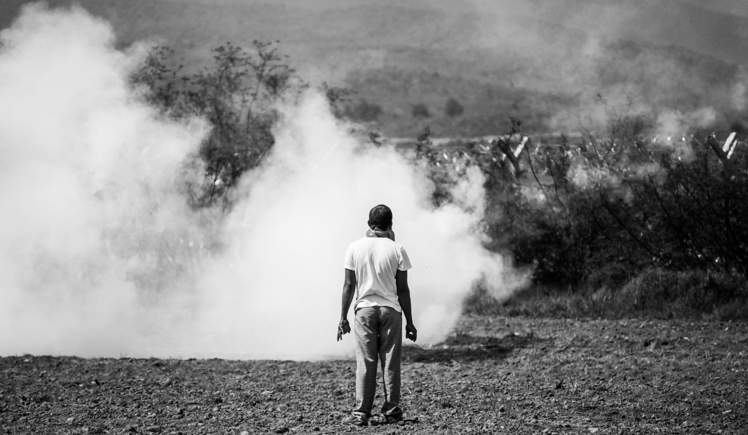 A man stands with rocks in his hands, pausing in front of a could of tear gas during clashes with FYROM border guards in Idomeni, April 2016.