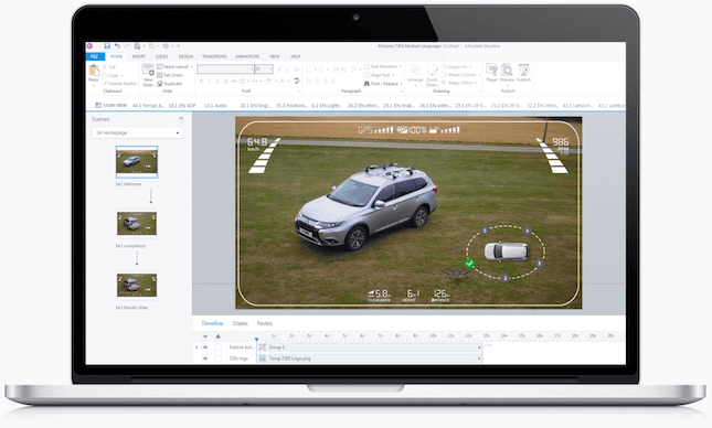 This is an example of our recent Interactive learning course for Mitsubishi Motors. We've created two impressive interactive learning modules, including assessments, presented in small bite-sized chunks, taking the user up to 10 minutes to complete each one.