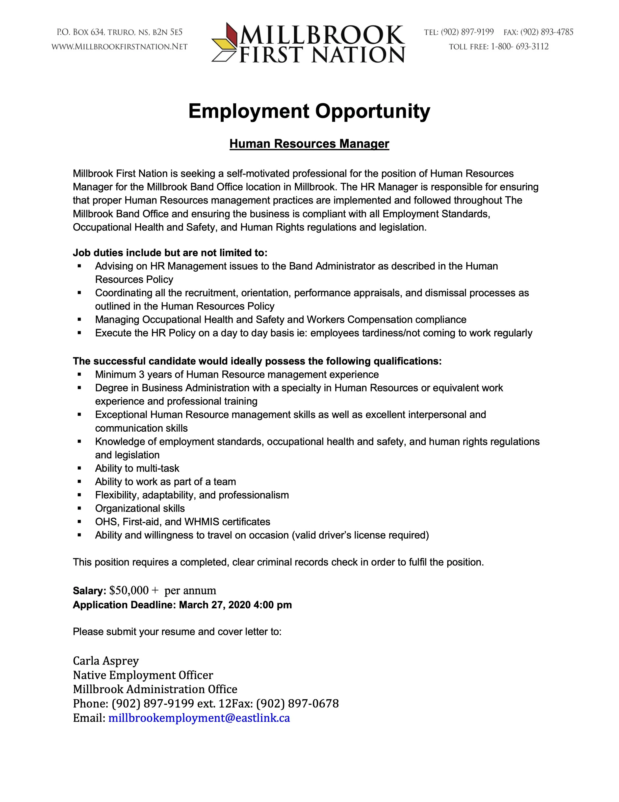 Employment Opportunity - Human Resource Manager — Millbrook First Nation