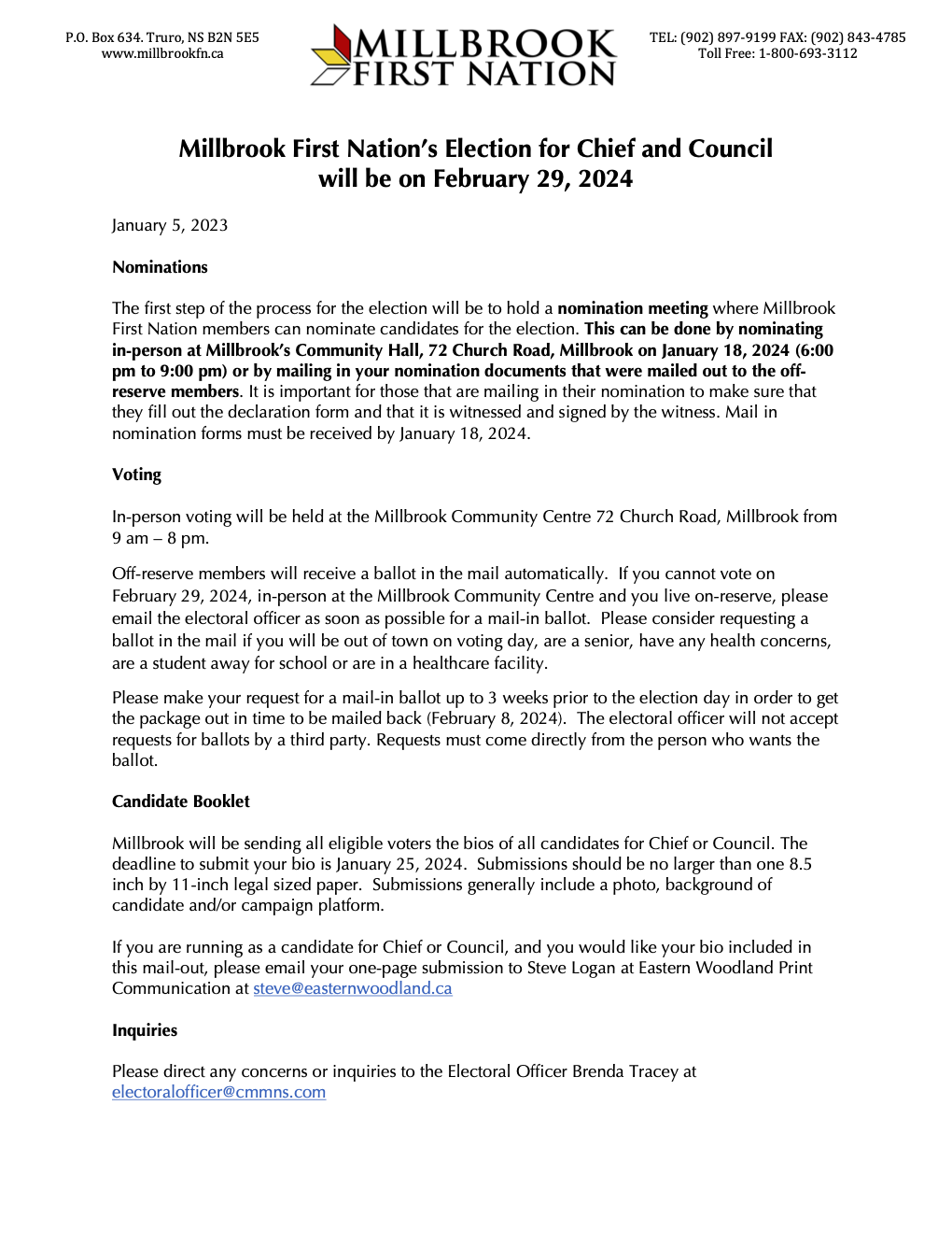 Millbrook First Nation's Election for Chief and Council will be on