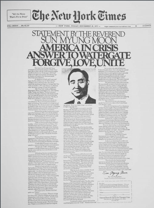 True Father’s Watergate Statement as it appeared in a full-page ad in the New York Times