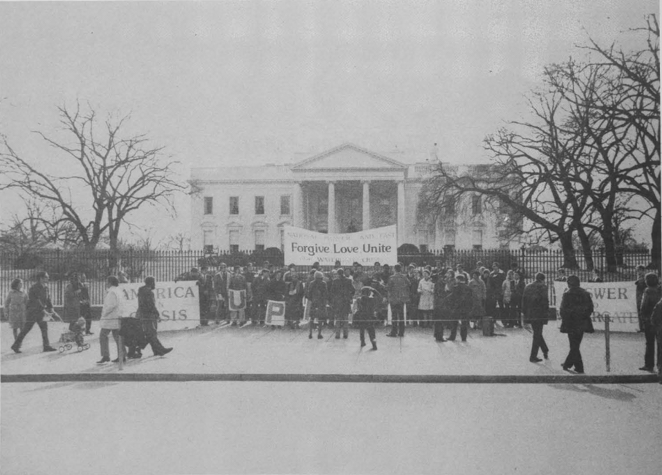 Members of the National Prayer and Fast for the Watergate Crisis hold their first rally in Washington, D.C. in front of The White House, December 7, 1973