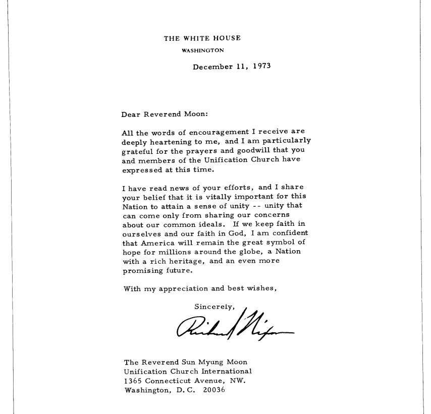 Text of a letter of thanks written by U.S. President Richard Nixon to True Father, December 11, 1973