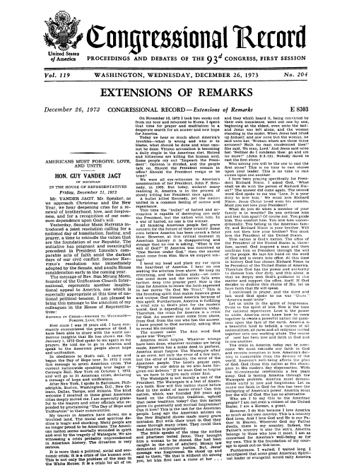 Text of True Father’s Watergate Statement reprinted in the U.S. Congressional Record