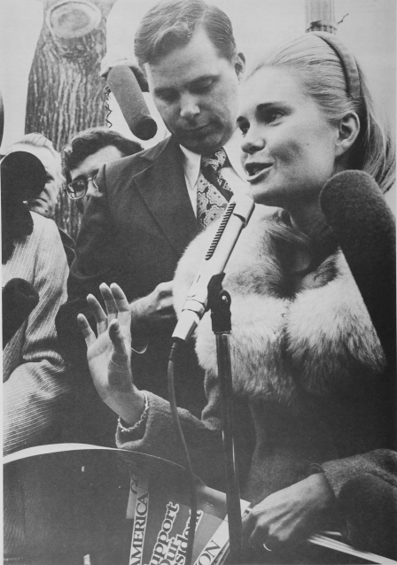 Tricia Nixon Cox, President Nixon’s daughter, greets members on the morning of the 1974 Presidential Prayer breakfast; UC President Neil Salonen stands beside