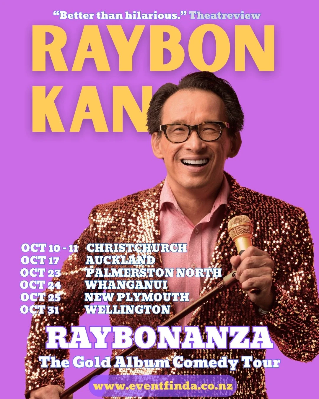 Excited to announce NZ tour dates for Raybonanza, my anniversary stand up show. See you there! Booking details at https://linktr.ee/raybonkan