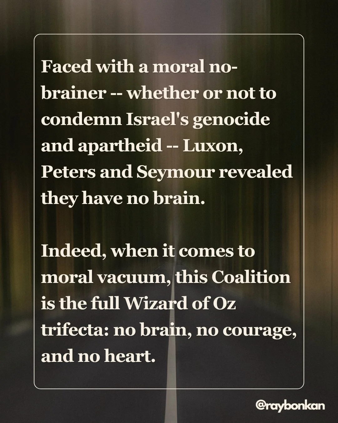 And speaking of cowardice, what sort of Government refuses to tell its own people their stance on Palestine -- until they announce it at the UN, as if they're opening an envelope at some awards ceremony? #nzpol #freepalestine🇵🇸