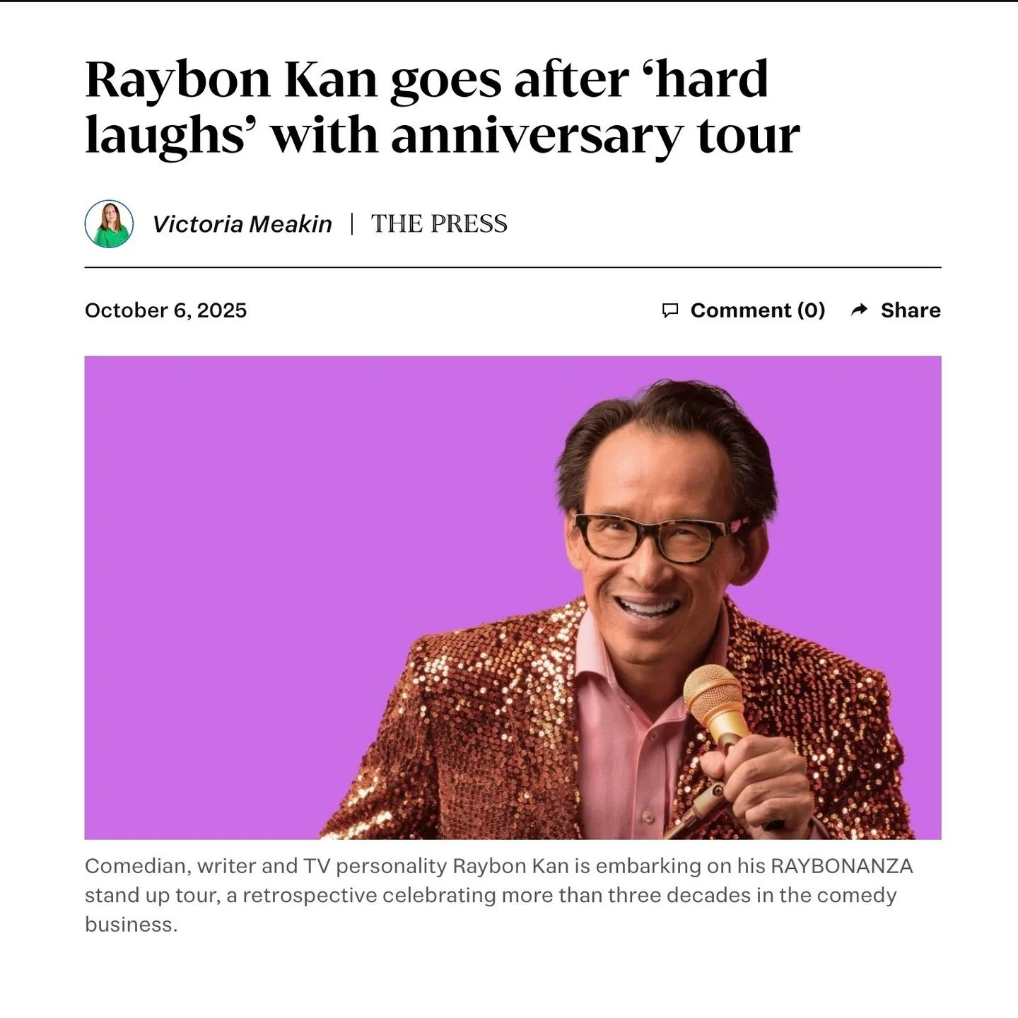 Thanks to The Press for this write-up about the tour. Opening shows this Fri &amp; Sat in Chch, then Auckland next week. Read all about it!
https://linktr.ee/raybonkan https://www.thepost.co.nz/culture/360839393/raybon-kan-goes-after-hard-laughs-anni