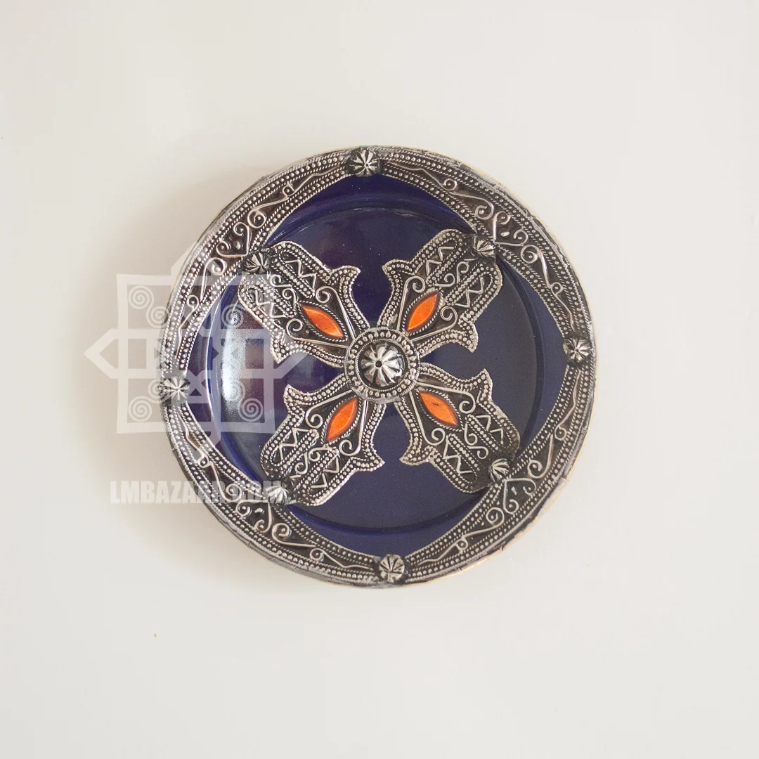 Stamped Metal and Ceramic Decorative Wall Hanging Plates