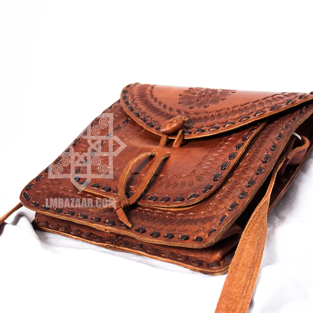 Hand-Stitched Embossed Leather Saddle Bag