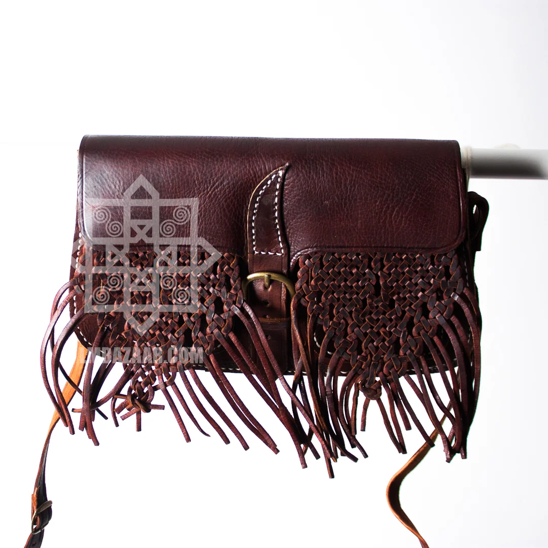 Chocolate Leather Woven Fringe Saddle Bag