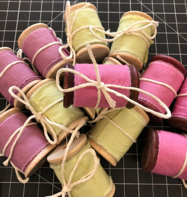 hand dyed cotton ribbon, raw edge, wood spool, photography props