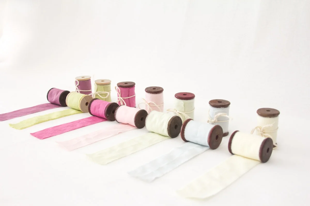 hand dyed cotton ribbon, raw edge, wood spool, photography props