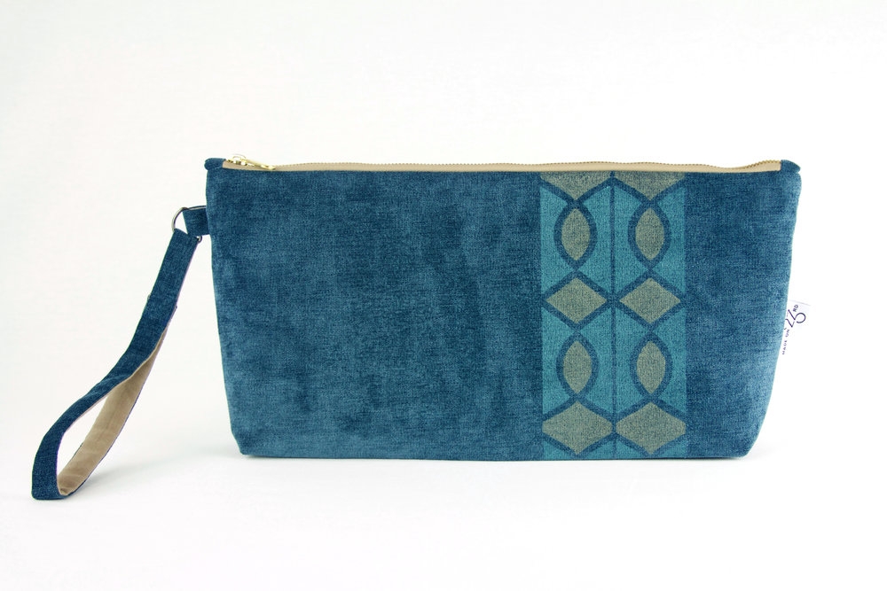 Velvet handbag, purse, zipper pouch, handprinted, blockprinted