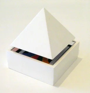 2000 , wood, mirror and paint, PDX Contemporary Art Gallery , 2008. Gouache painted on the underbelly of the pyramid is base it on the revamped USDA food pyramid. The image is reflected by a mirror that’s attached to the pedestal showing you are what you eat. How does one maintain a 2000 calorie intake?