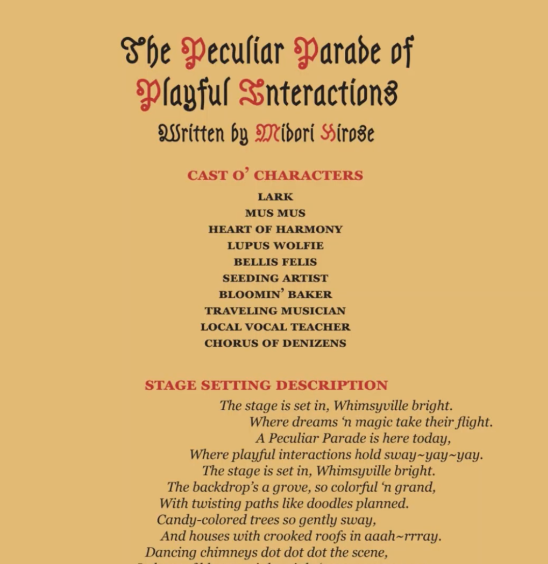  The Peculiar Parade of Playful Interactions, 2024  Invited by Berm Magazine to write an article, I decided to write my first play. This play explores the spirit of interaction in art, featuring whimsical characters who engage with each other and the