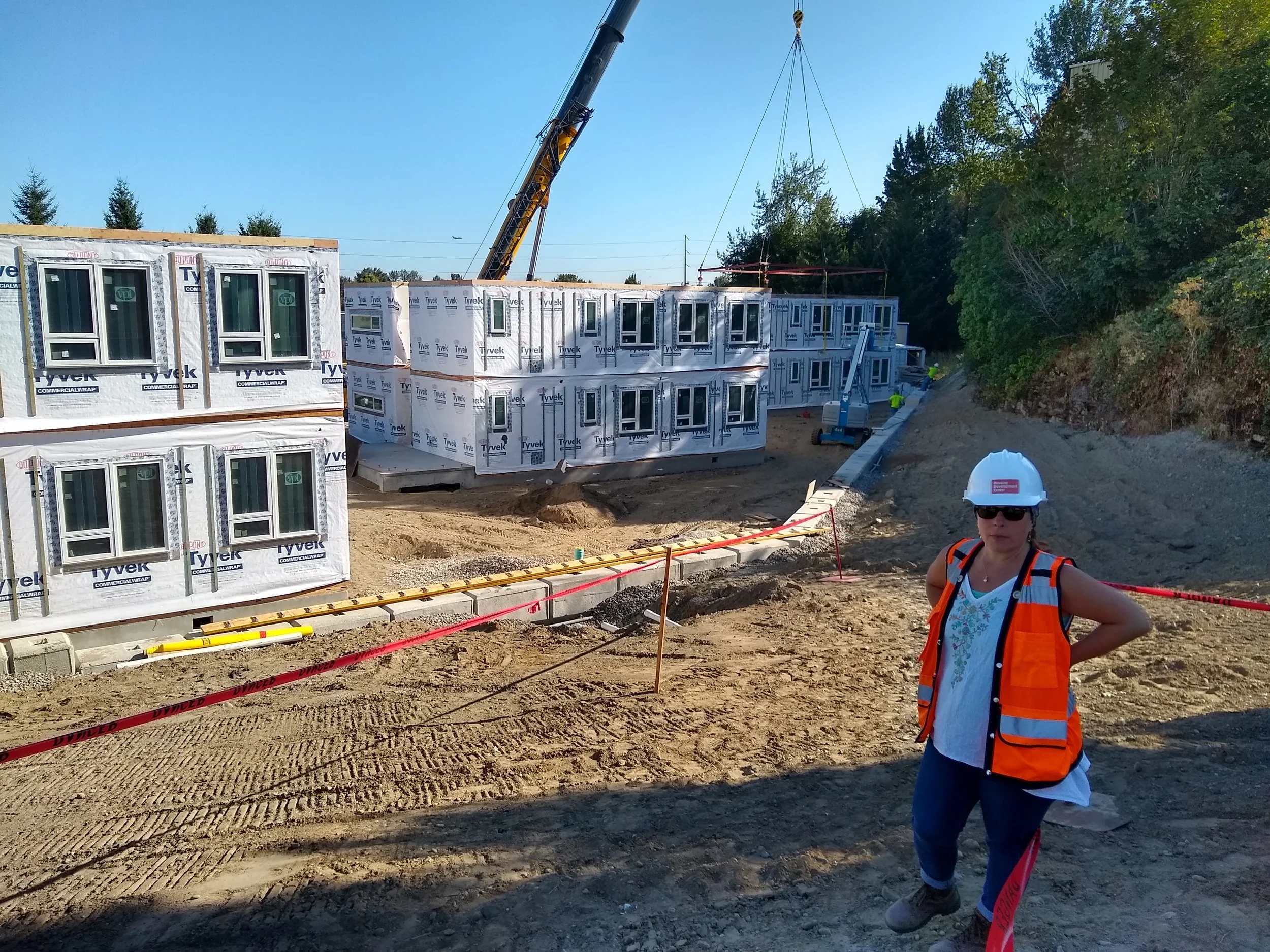 HDC Senior Construction Project Manager Jenn Sharp monitors the installation of LISAH’s first 12 modules.