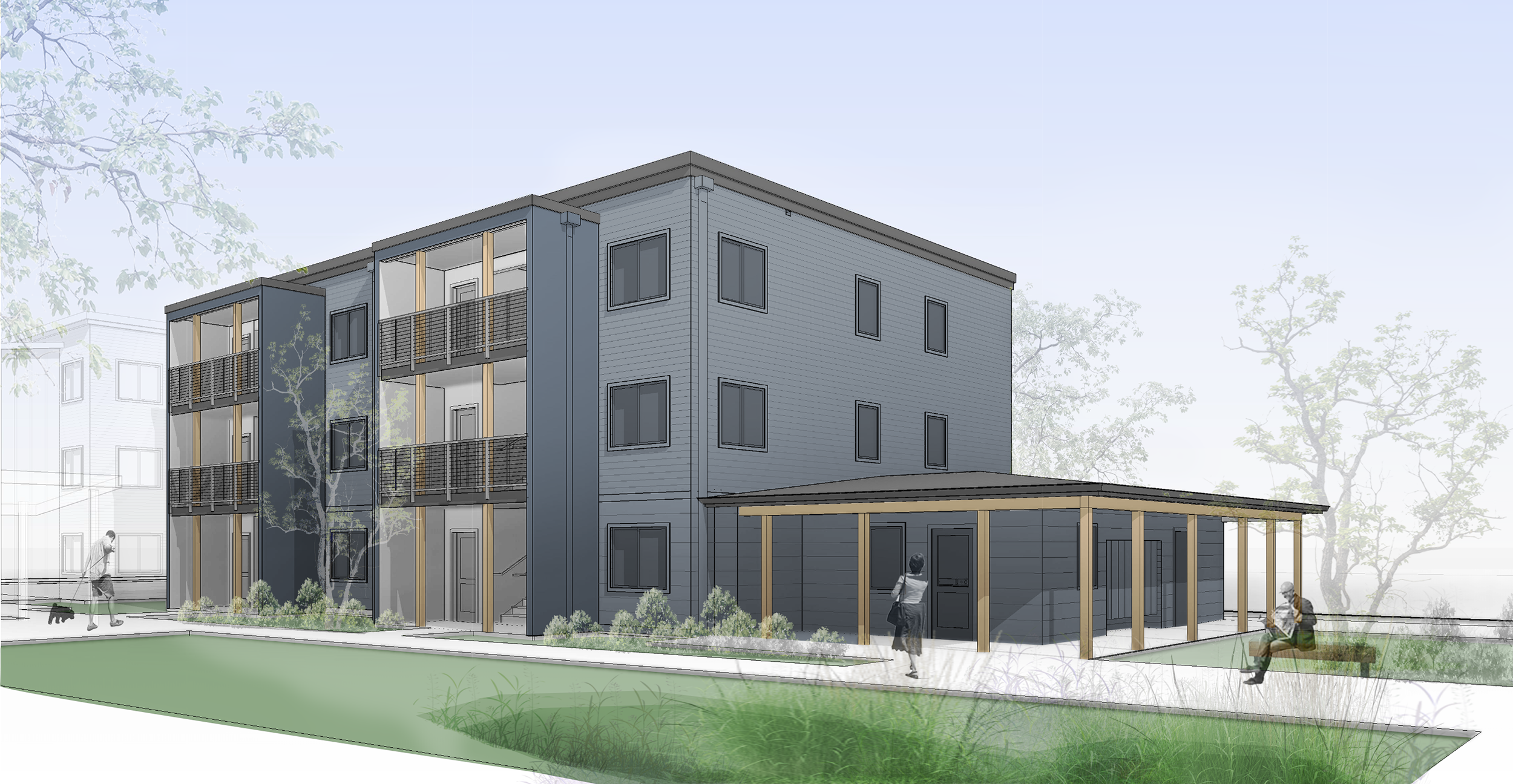 3D rendering of three-story apartment building fronted by a bioswale