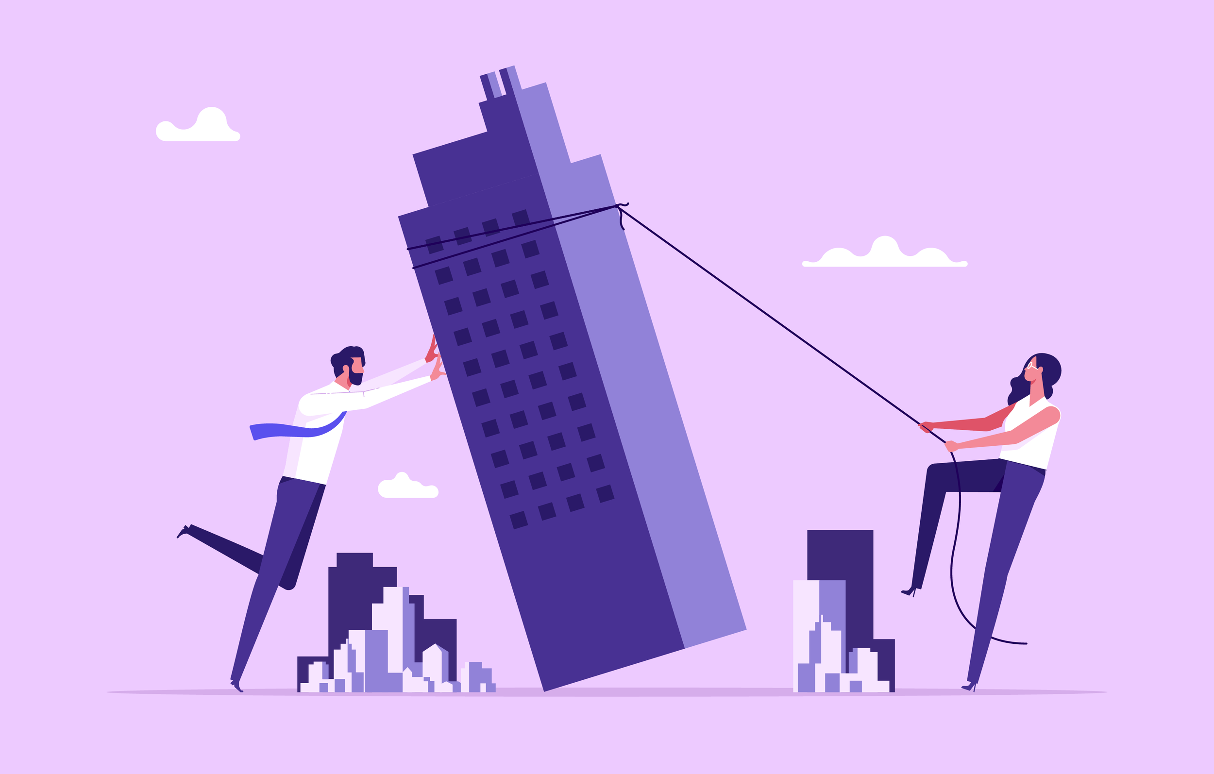Illustration of two giant people pulling and pushing to tilt a leaning building upright