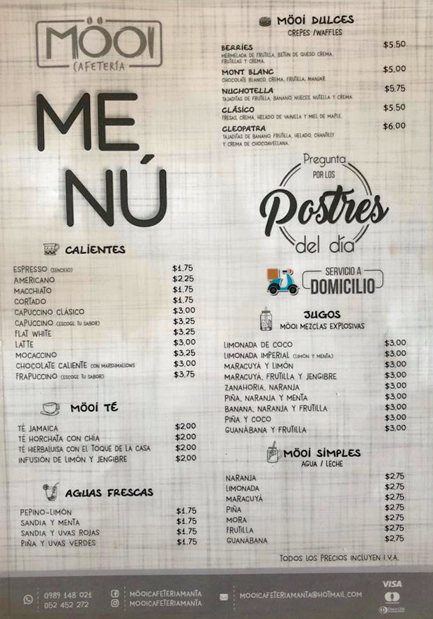 Möoi Cafetería Menú — Where to Eat In Manta Restaurants, Dining, Delivery,  Carry Out Menus Reviews Photos and more