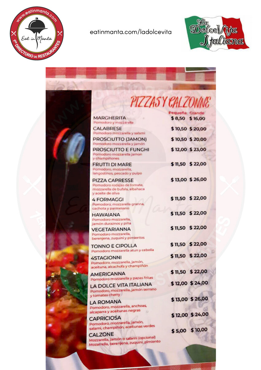 Pizza y Calzonne Menu - La Dolce Vita Italiana Eat in Manta