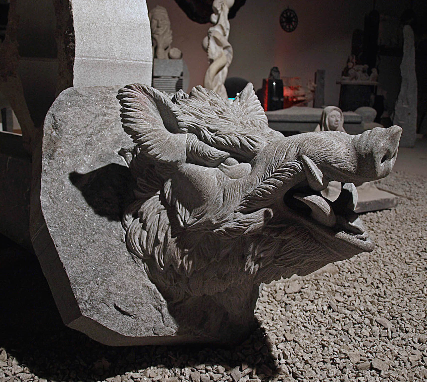Wild Boar Head Mounted Sculpture Granite Carving