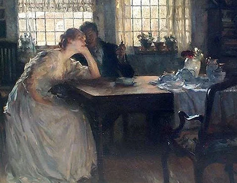 Carl Von Marr "Tea Time" Oil on Canvas: 34 x 43 Inches Signed Lower Right