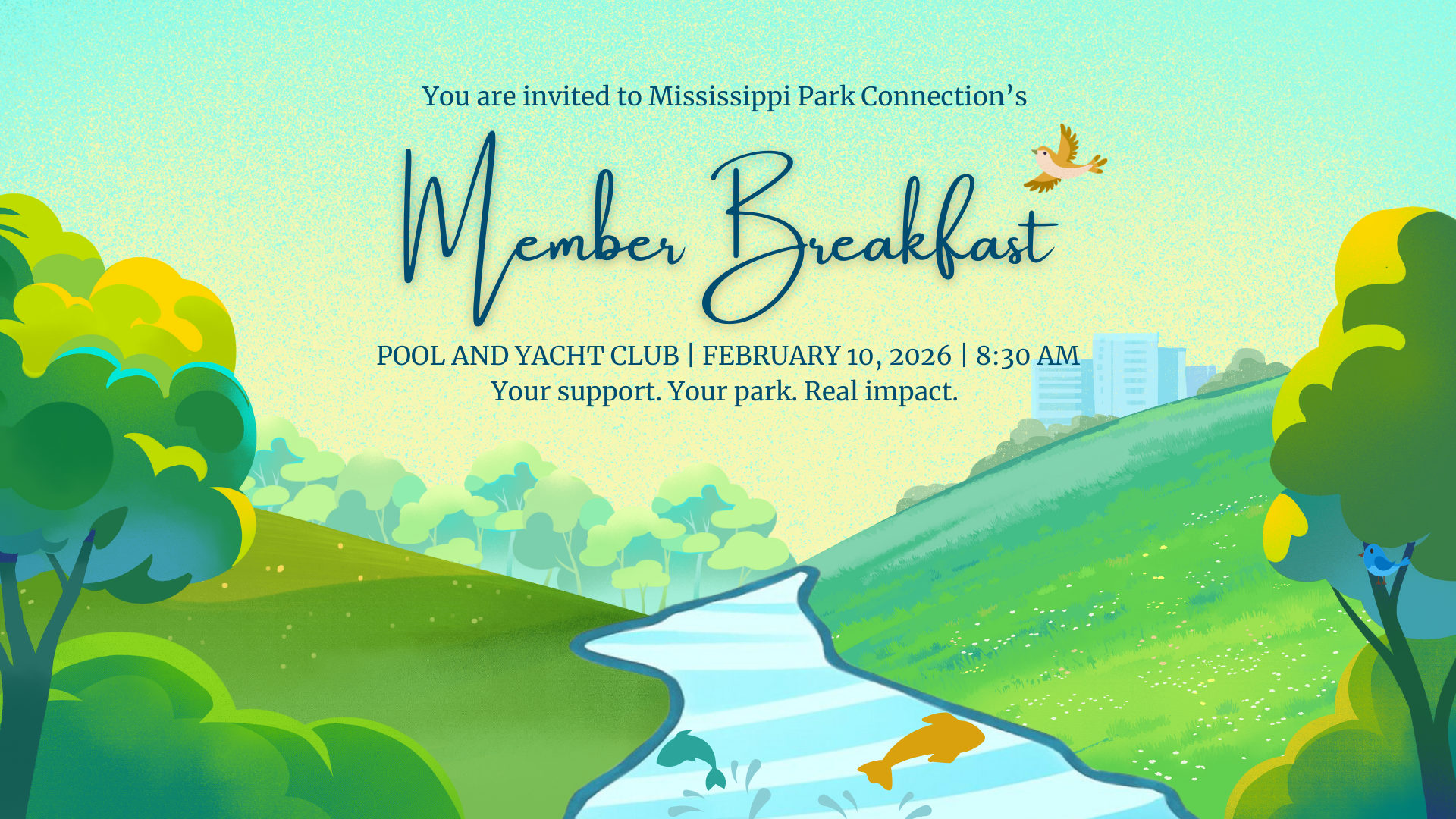 An illustration of a river running through a gorge with trees, fish, birds, and a city in the background..