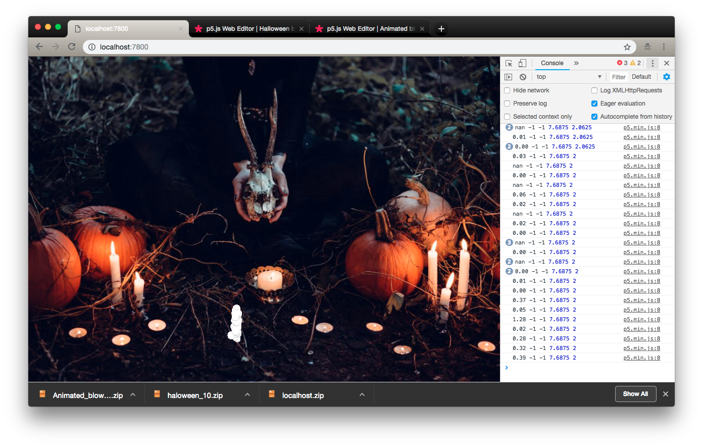 Local hosting with p5 sketch and Chrome console.