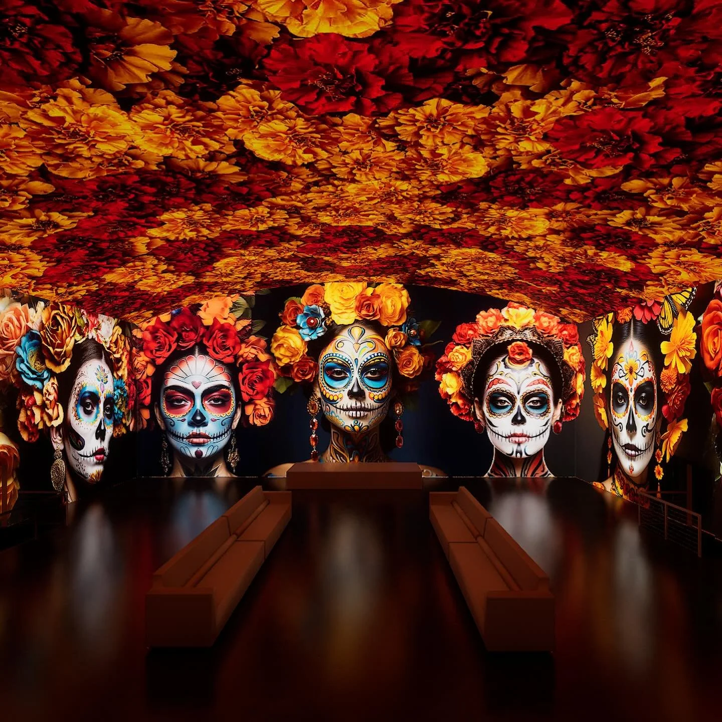 Immersive Day of the Dead projection mapping with vibrant floral visuals at The Temple House Miami