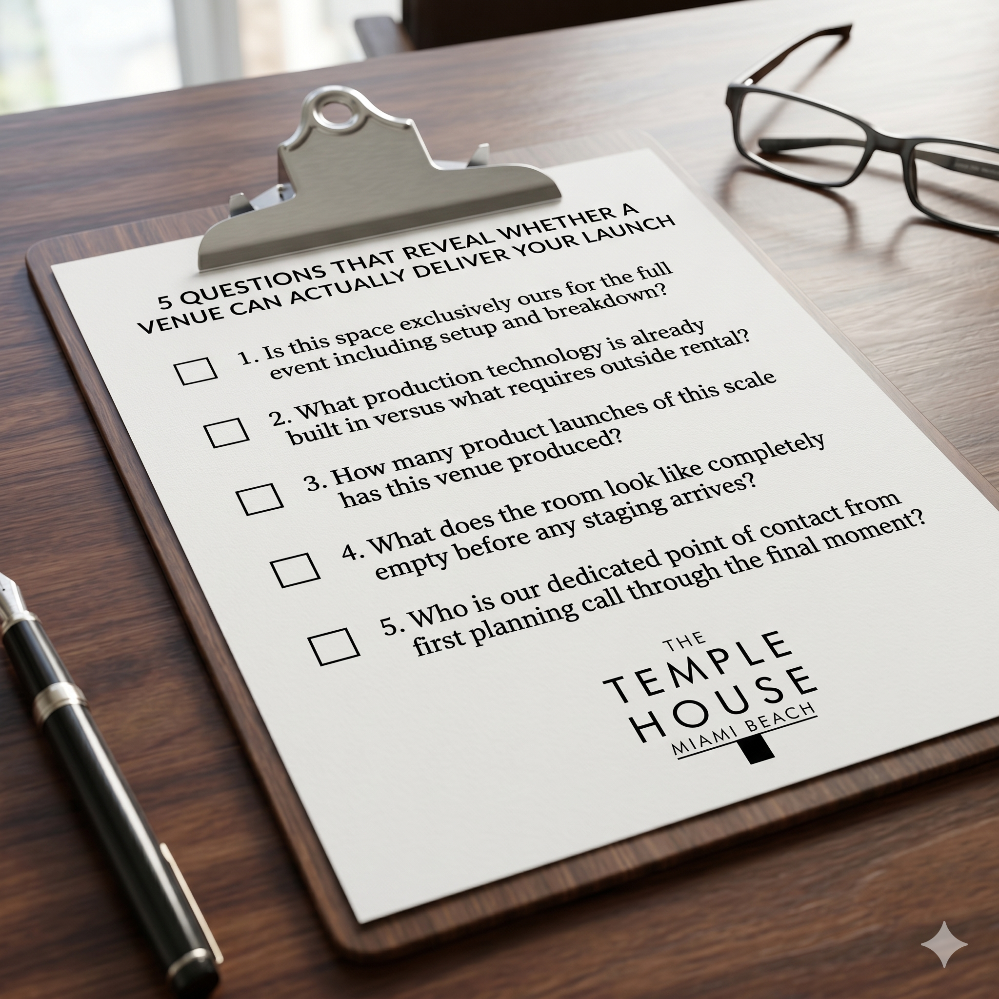 the temple house product launch venue evaluation checklist Miami five questions